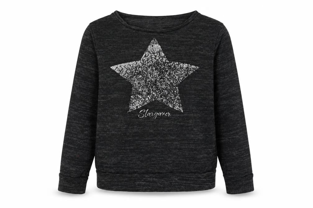 Front view of Matalan women’s black round neck polyester jumper, size S, - stargaze