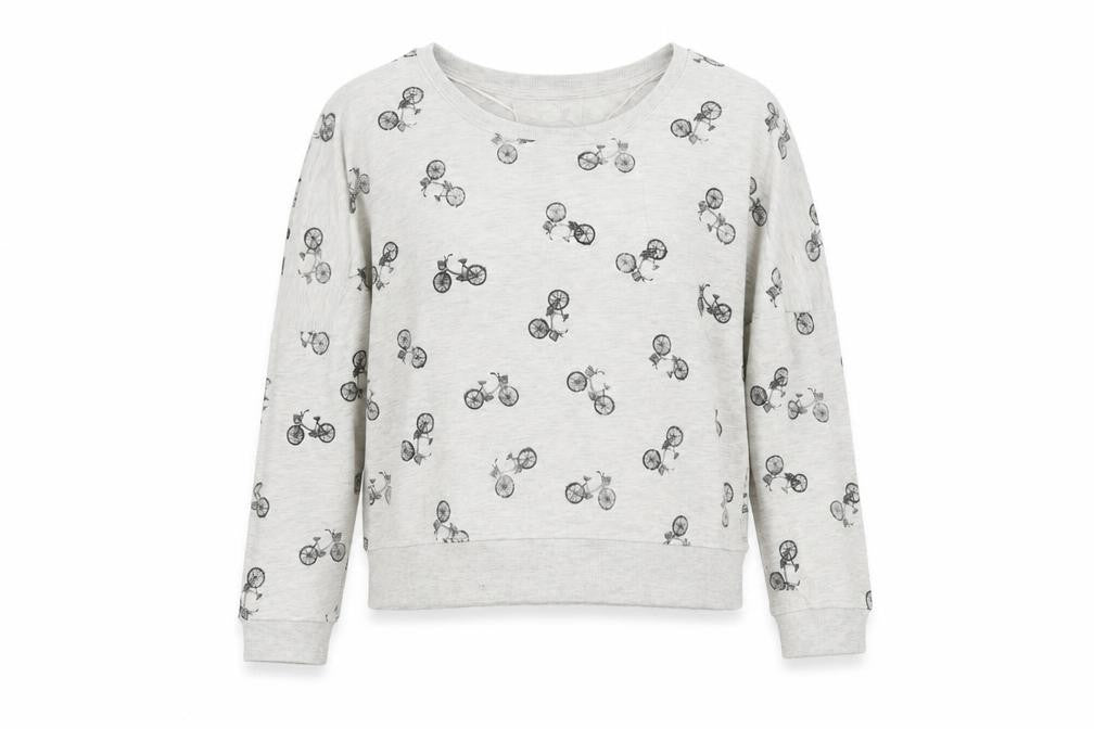 Front view of Denim & Co. women’s grey geometric cotton pullover sweatshirt, size UK 12, pullover - bicycle
