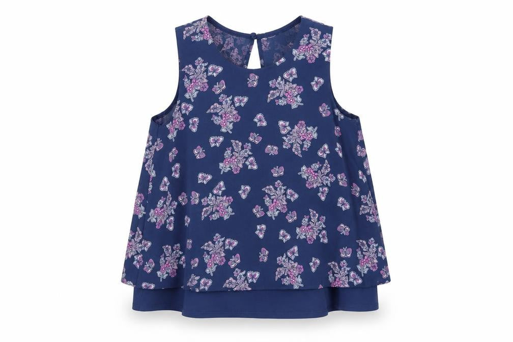 Front view of Young Dimension girls’ blue floral polyester basic tank, size 9-10, years round neck button