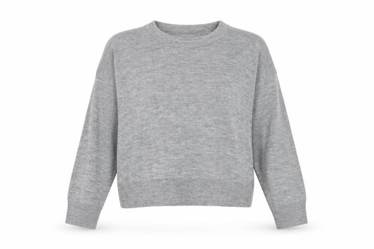 Front view of Boohoo women’s grey round neck acrylic jumper, size L