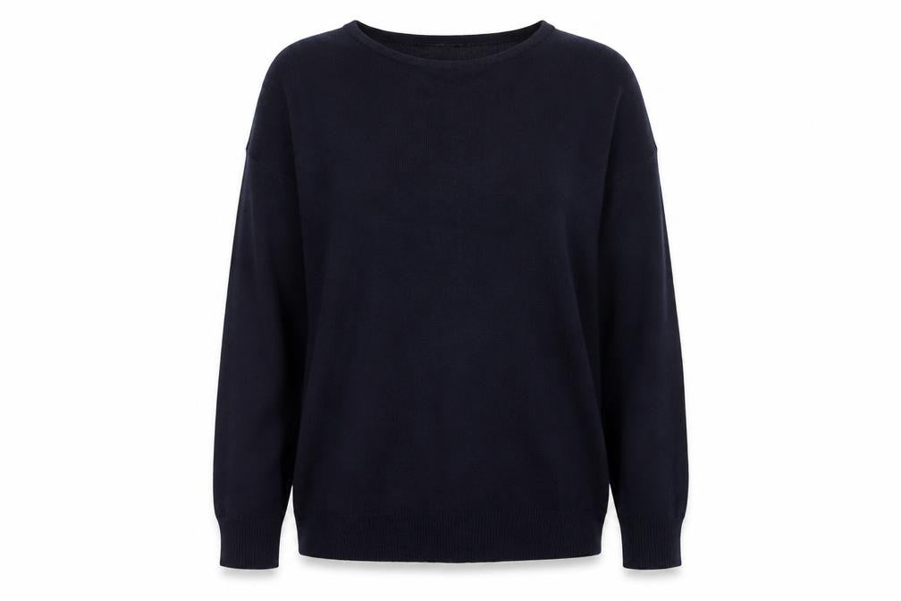 Front view of Bonmarché women’s blue round neck acrylic jumper, size UK 12
