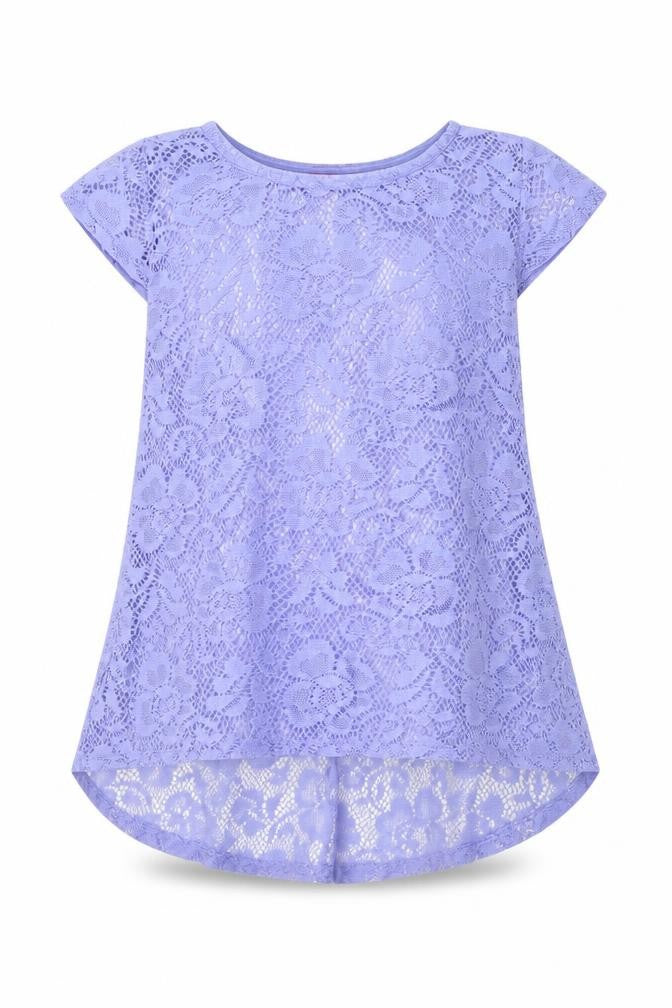 Front view of Young Dimension girls’ purple floral polyester basic blouse, size 12-13, years round neck pullover