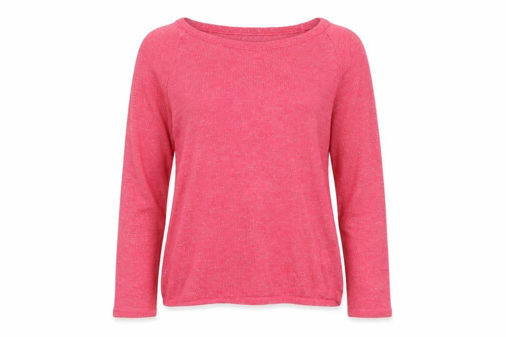 Front view of Atmosphere women’s pink round neck acrylic jumper, size UK 6