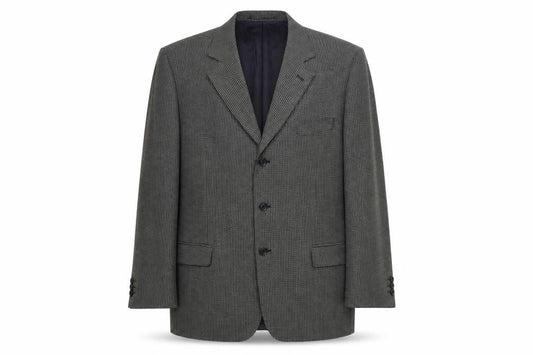 Front view of Marks & Spencer men’s blue geometric wool jacket suit jacket, size L, regular
