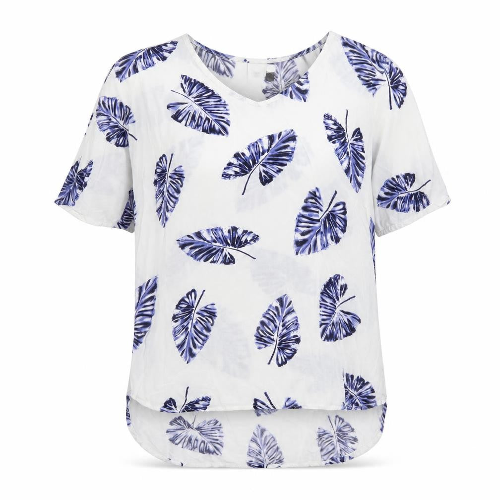 Front view of Vero Moda women’s white geometric viscose basic blouse, size M, round neck - leaf print