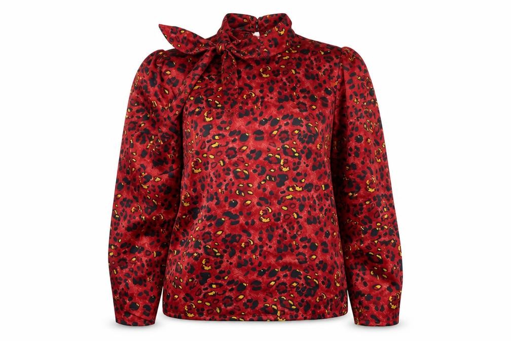 Front view of SHEIN women’s red geometric polyester basic blouse, size L, cowl neck