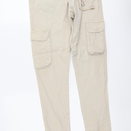 Brave Soul Womens Beige Cotton Cargo Trousers Size 24 in L29 in Regular Drawstring - Elastic Waist