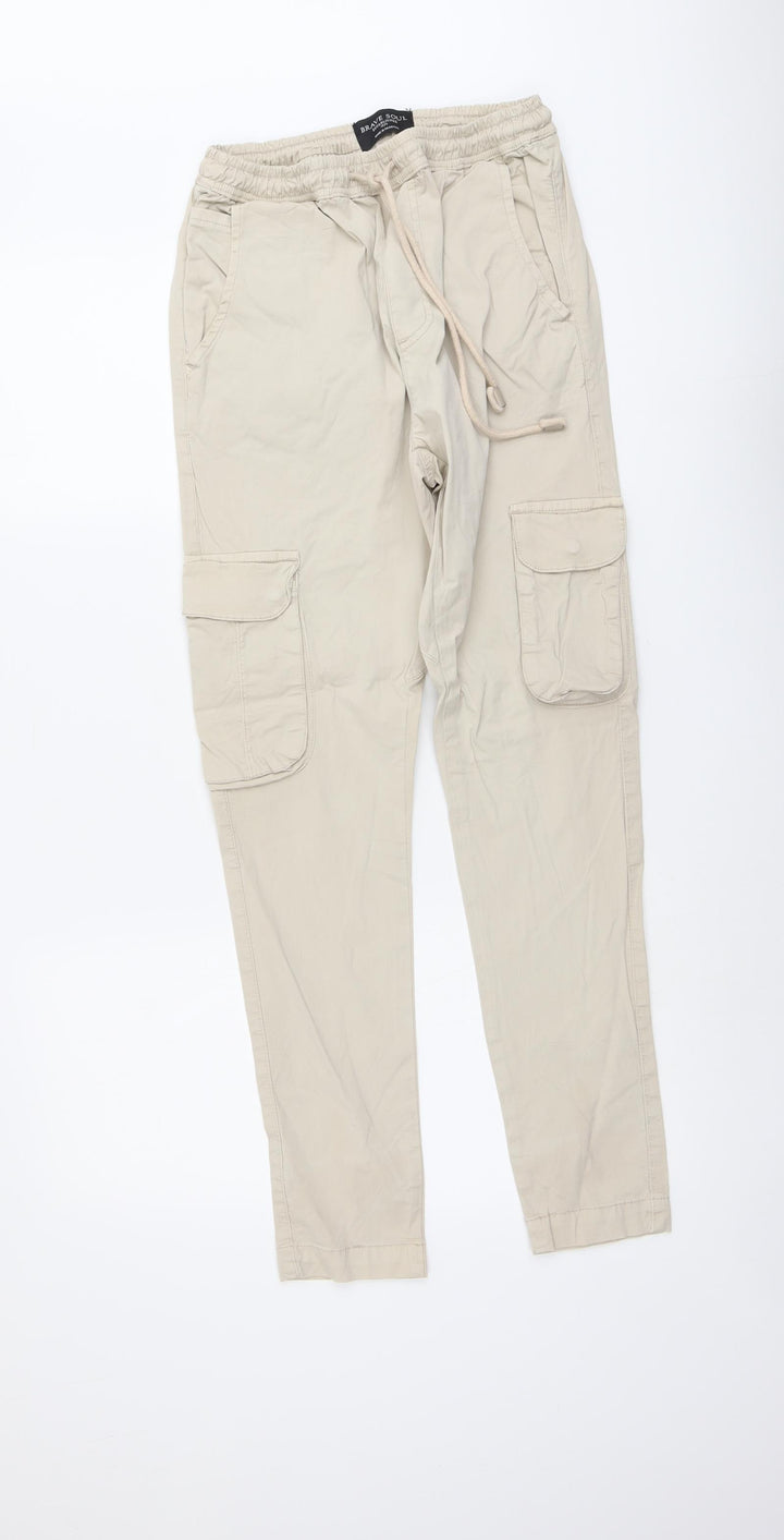Brave Soul Womens Beige Cotton Cargo Trousers Size 24 in L29 in Regular Drawstring - Elastic Waist