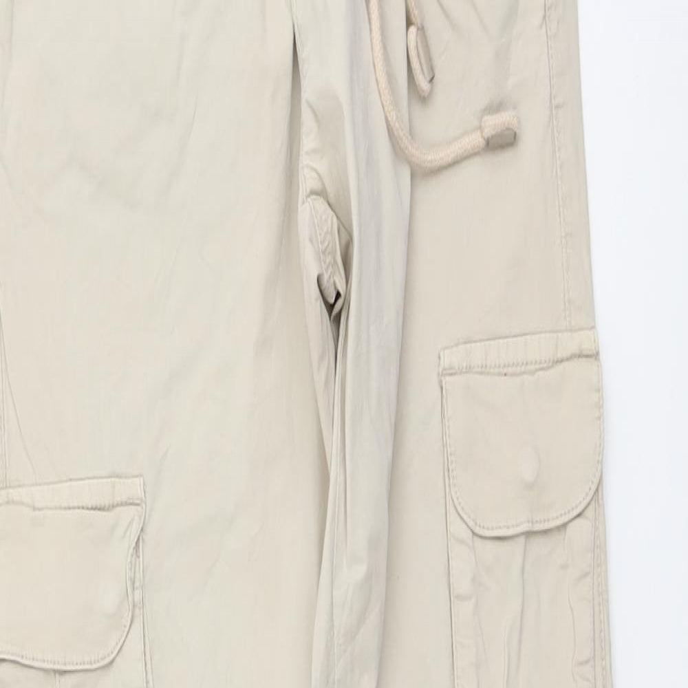Brave Soul Womens Beige Cotton Cargo Trousers Size 24 in L29 in Regular Drawstring - Elastic Waist