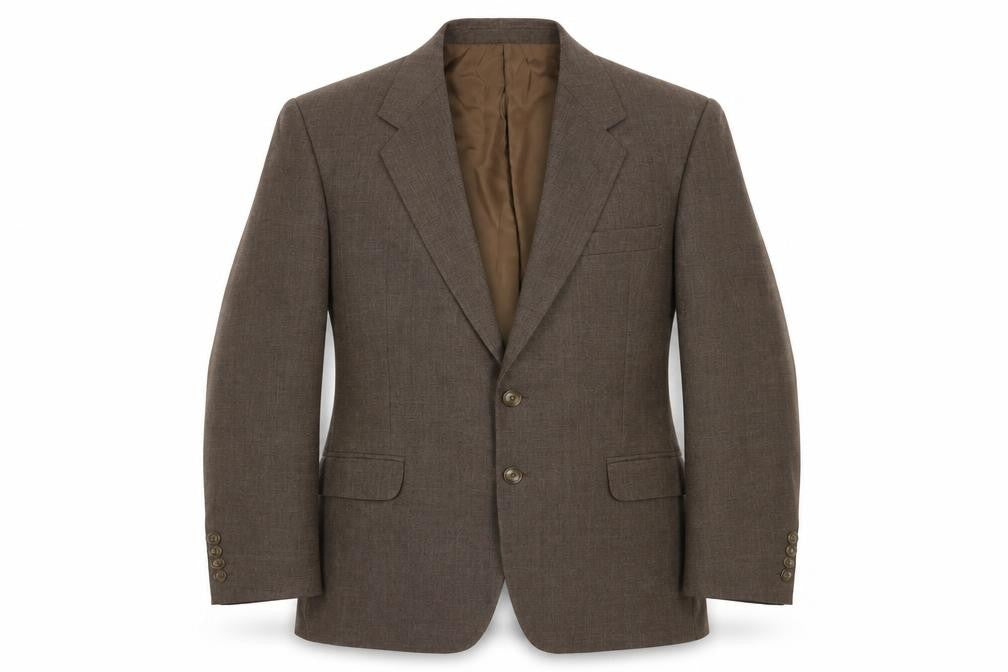 Front view of Marks & Spencer men’s brown polyester jacket suit jacket, size M, regular