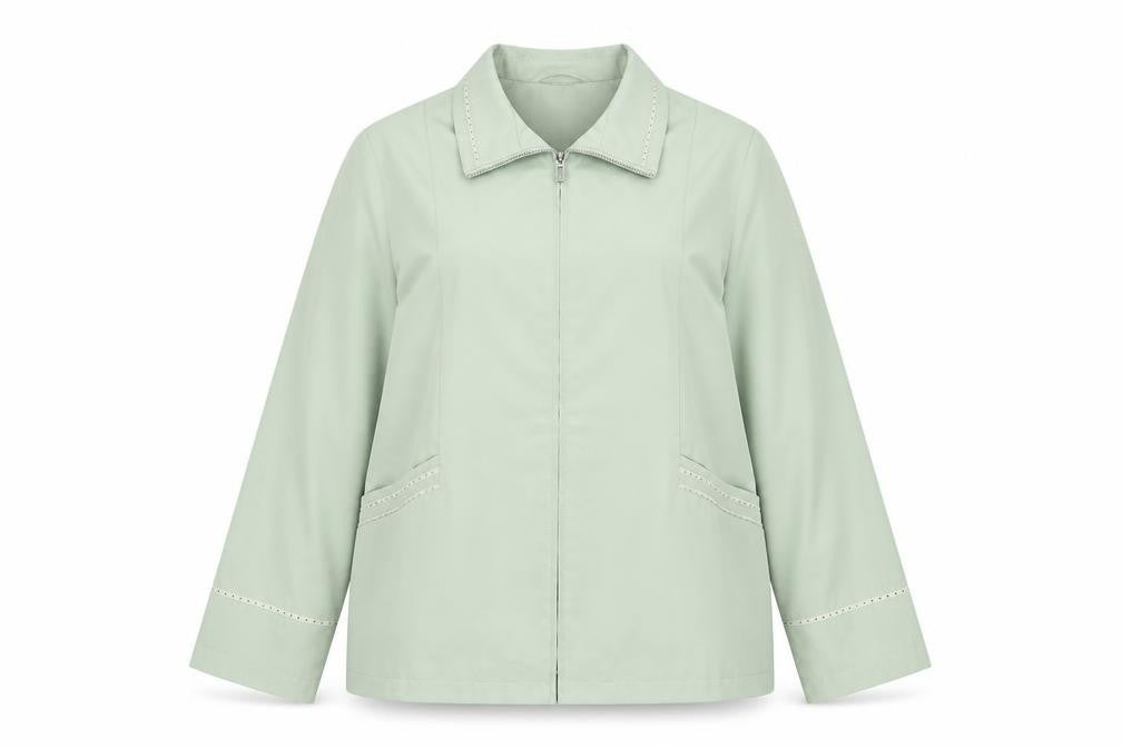 Front view of EWM women’s green jacket, size UK 16, zip