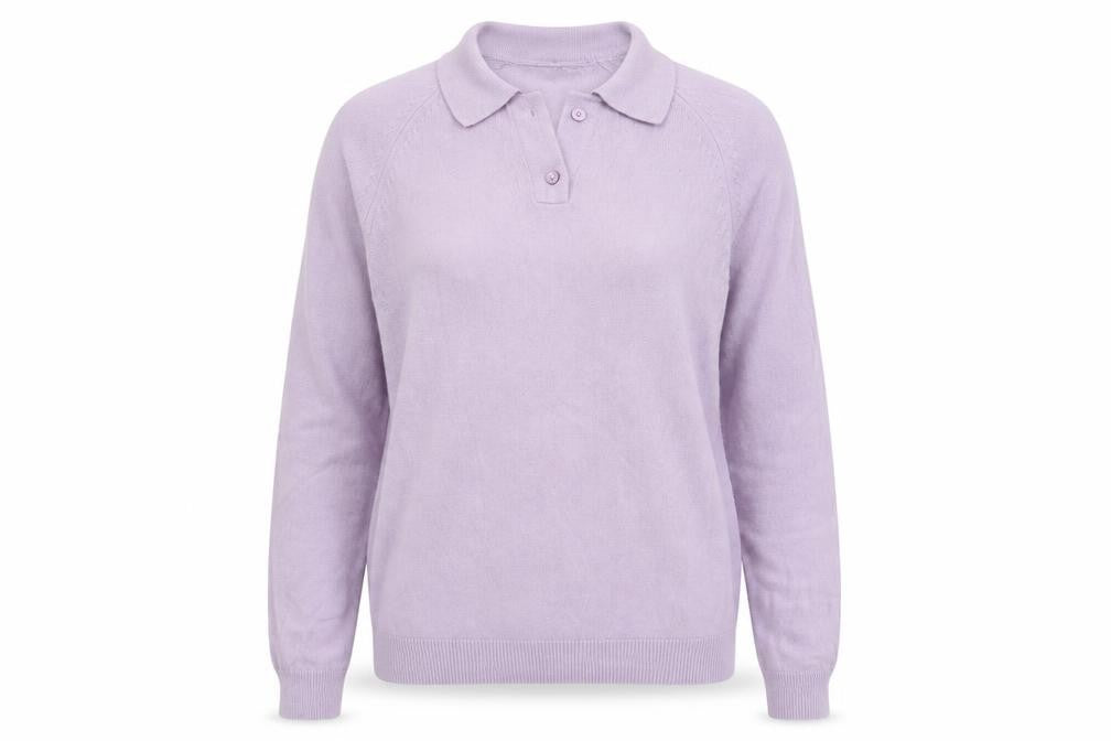 Front view of TIGI women’s purple collared acrylic jumper, size UK 14