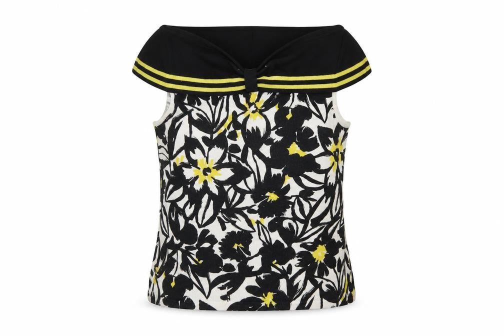 Front view of Precis women’s black floral viscose basic blouse, size S, off the shoulder
