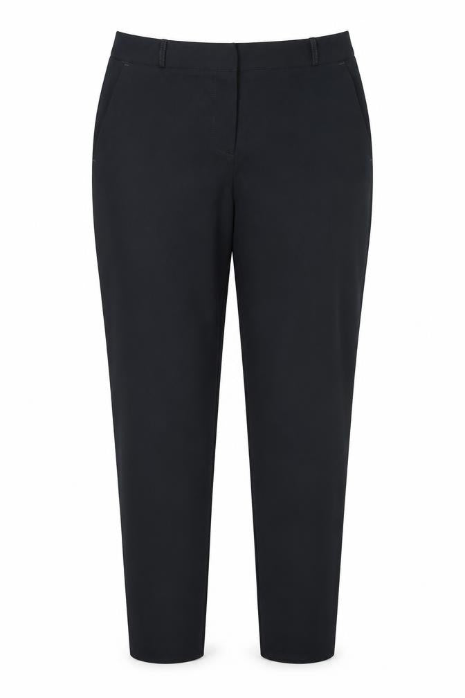 Front view of BHS women’s blue polyester trousers, size UK 14, regular hook & eye