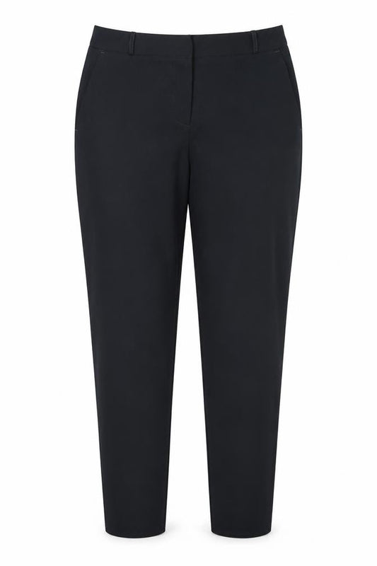 Front view of BHS women’s blue polyester trousers, size UK 14, regular hook & eye