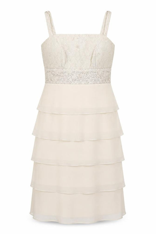 Front view of R&M Richards women’s beige floral viscose ball gown, size UK 10, square neck zip