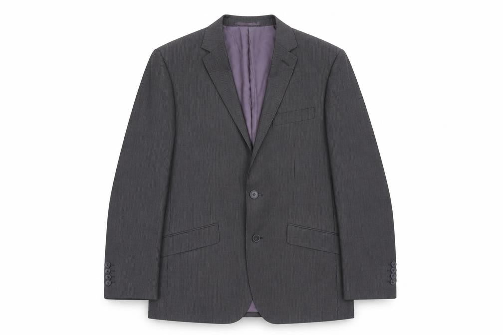 Front view of F&F men’s grey striped polyester jacket suit jacket, size 38, regular