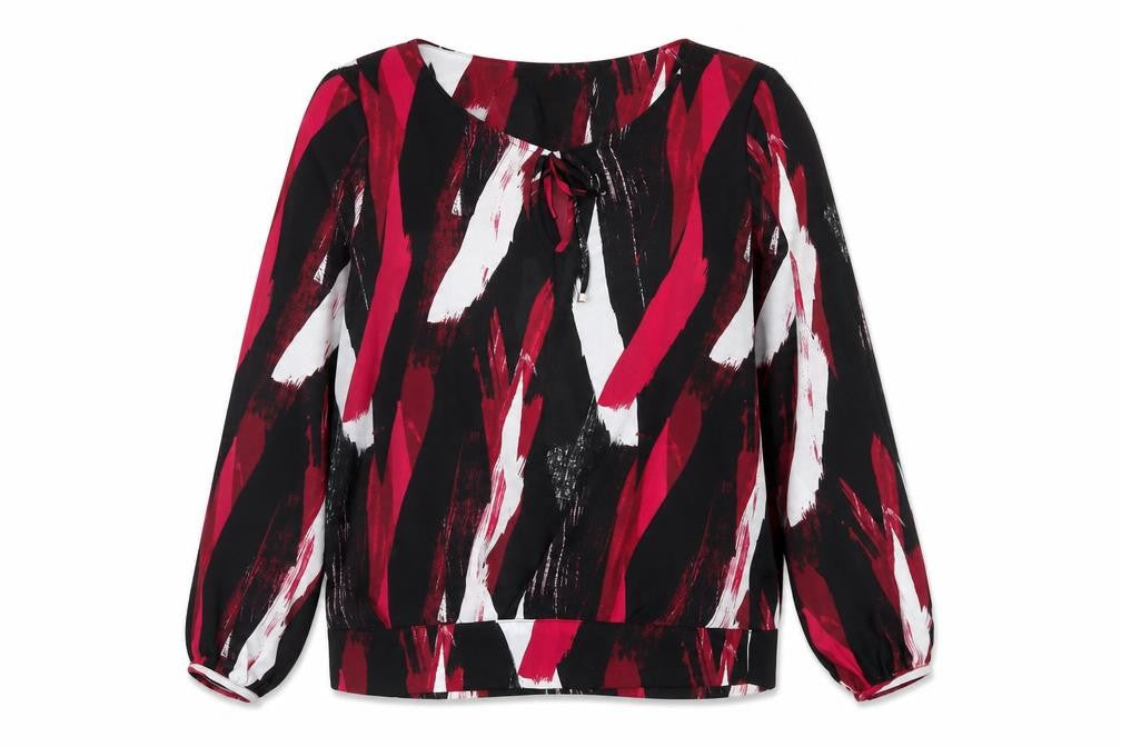 Front view of Debenhams women’s pink geometric polyester basic blouse, size UK 8, boat neck
