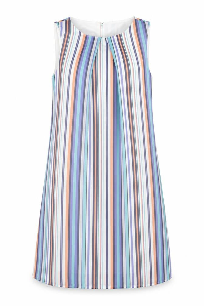 Front view of Atmosphere women’s multicoloured striped polyester a-line, size UK 8, round neck button