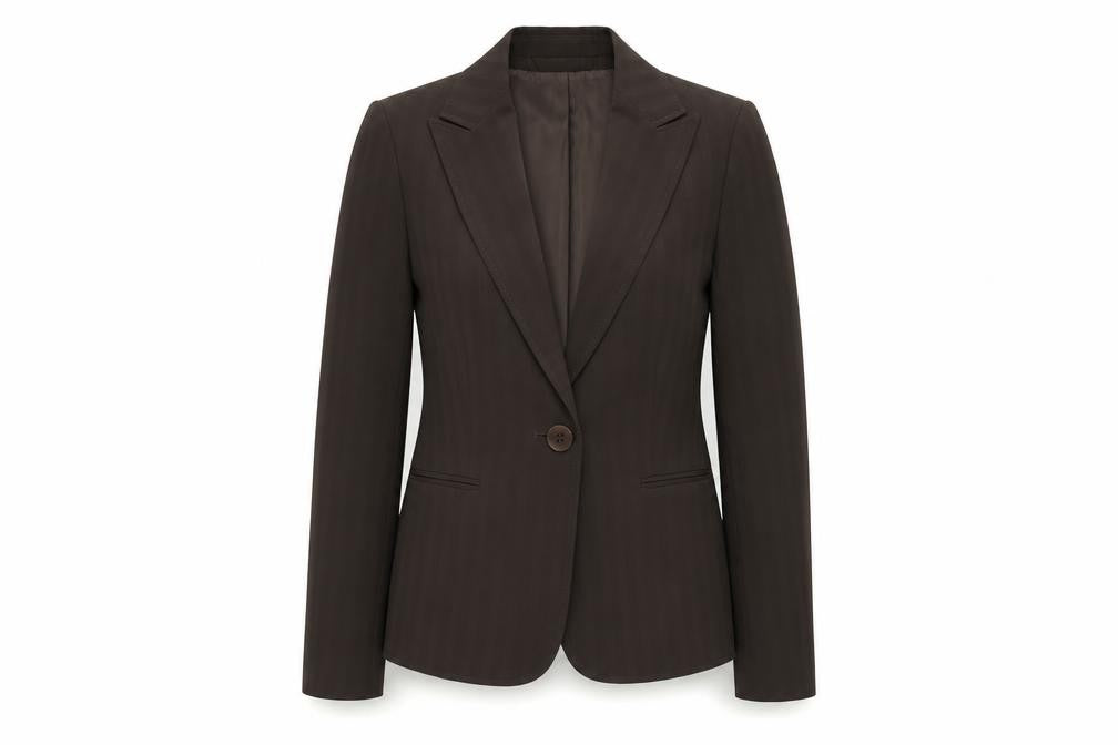 Front view of Kasper women’s brown striped polyester jacket suit jacket, size UK 6