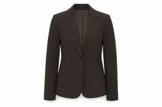 Front view of Kasper women’s brown striped polyester jacket suit jacket, size UK 6