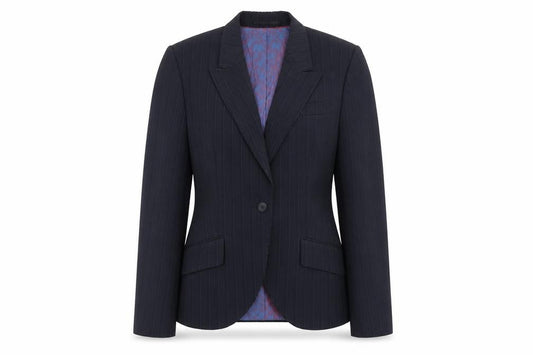 Front view of Waredrobe women’s blue striped polyester jacket suit jacket, size UK 12