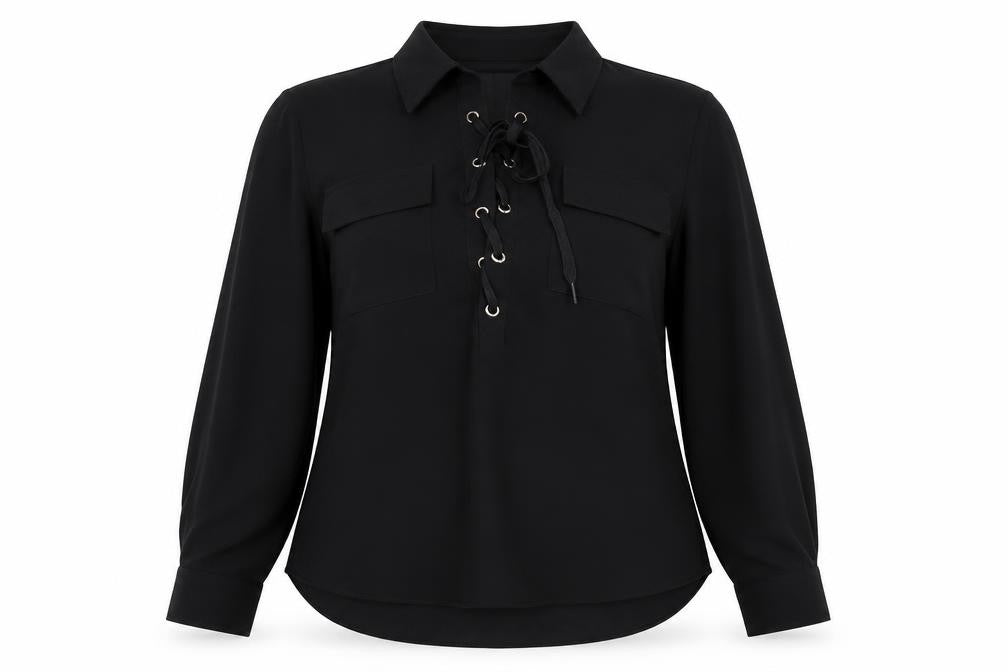 Front view of QED London women’s black polyester basic blouse, size S, collared