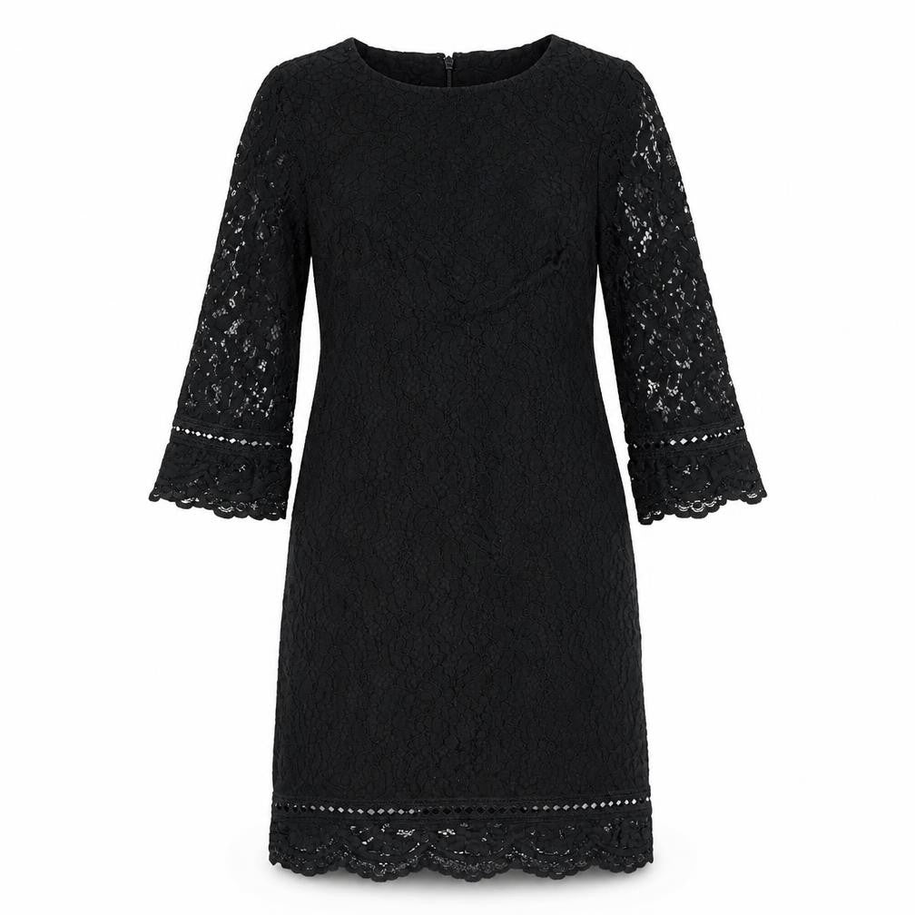 Front view of Warehouse women’s black cotton a-line, size UK 6, round neck zip