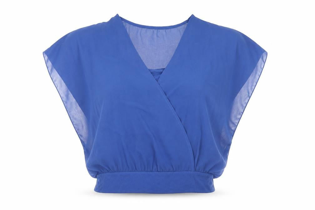 Front view of Body Flirt women’s blue polyester basic blouse, size S, round neck