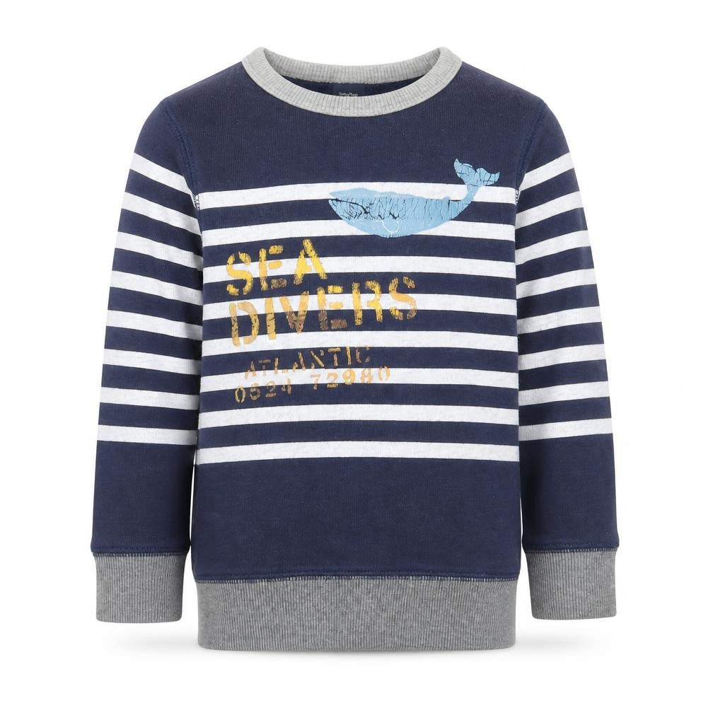 Front view of Gap boys’ blue striped cotton pullover sweatshirt, size 3XL, pullover - sea divers