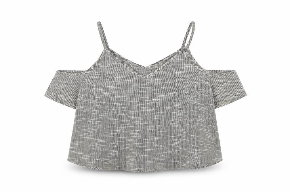 Front view of Pep&Co women’s brown polyester cropped t-shirt, size UK 14, v-neck - cold shoulder