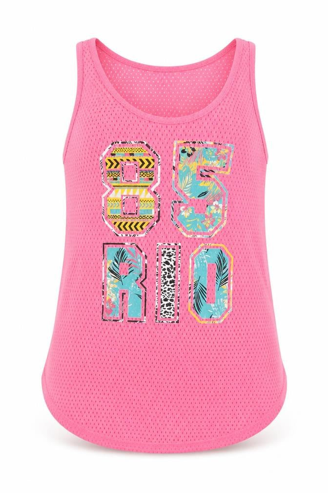 Front view of Young Dimension girls’ pink polyester basic tank, size 12-13, years round neck pullover