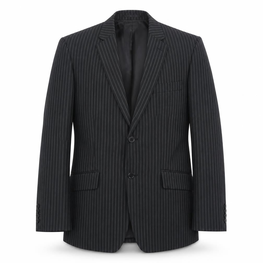 Front view of Charlton Gray men’s black striped polyester jacket suit jacket, size 40, regular