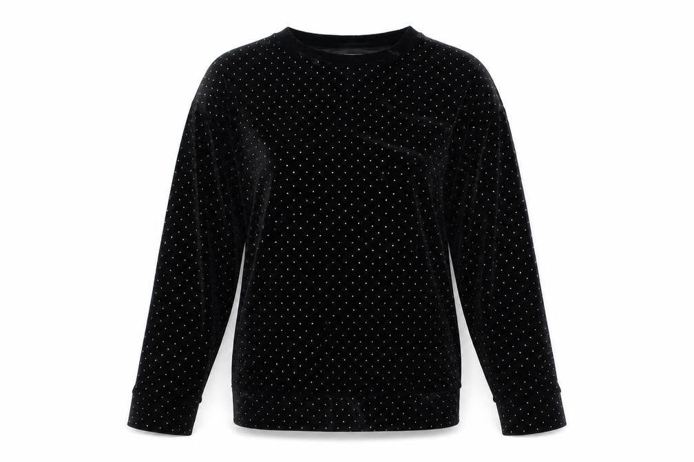 Front view of F&F women’s black geometric polyester pullover sweatshirt, size UK 8, pullover