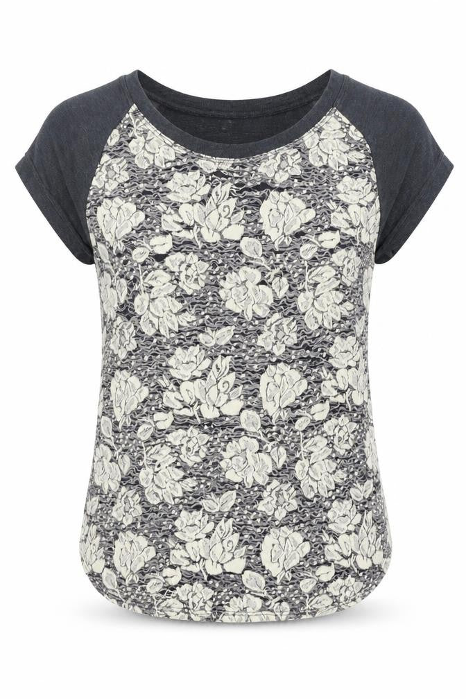 Olivia Moon Womens Grey Floral Viscose Basic T-Shirt Size S Boat Neck