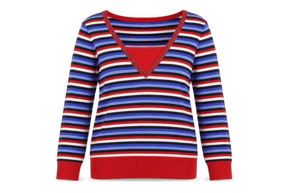 Front view of Country Casuals women’s multicoloured square neck striped viscose jumper, size M