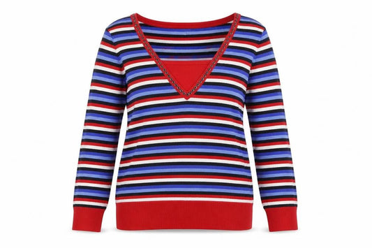 Front view of Country Casuals women’s multicoloured square neck striped viscose jumper, size M