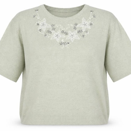 Berkertex Womens Green Round Neck Acrylic Pullover Jumper Size 14 - Floral Detail
