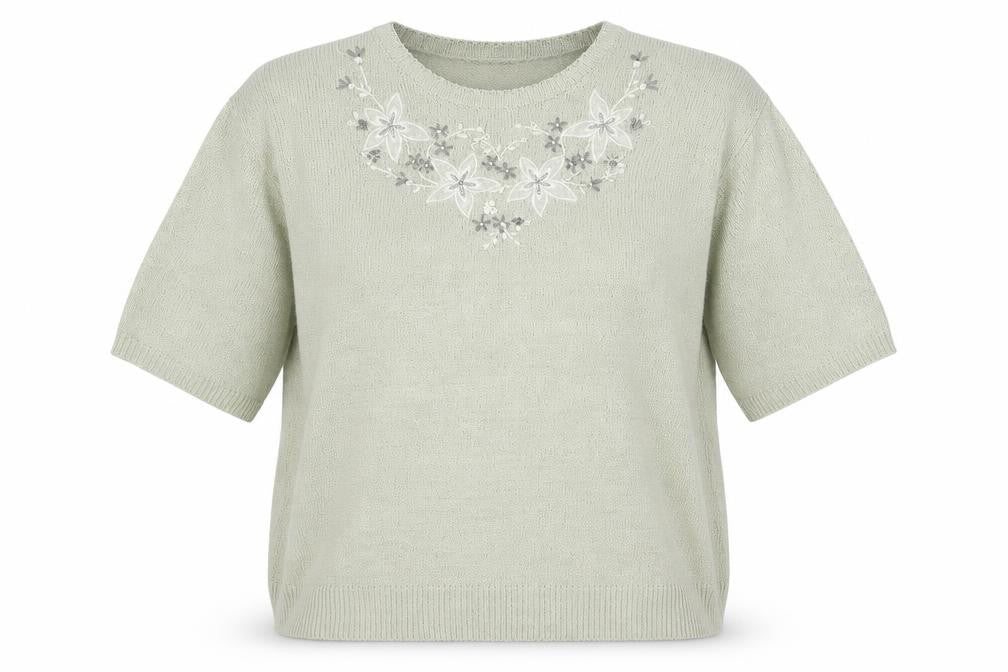 Berkertex Womens Green Round Neck Acrylic Pullover Jumper Size 14 - Floral Detail