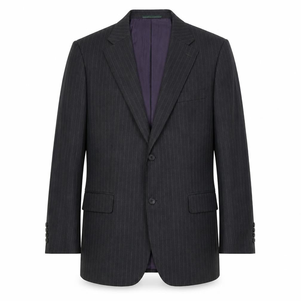 Front view of Greenwoods men’s black striped wool jacket suit jacket, size 40, regular