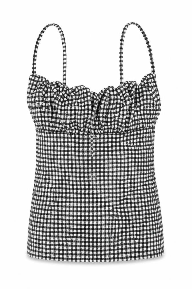 Front view of PRETTYLITTLETHING women’s black geometric polyester basic tank, size UK 10, square neck
