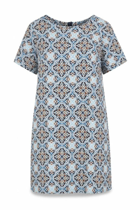 Front view of New Look women’s blue geometric polyester a-line, size UK 6, round neck zip
