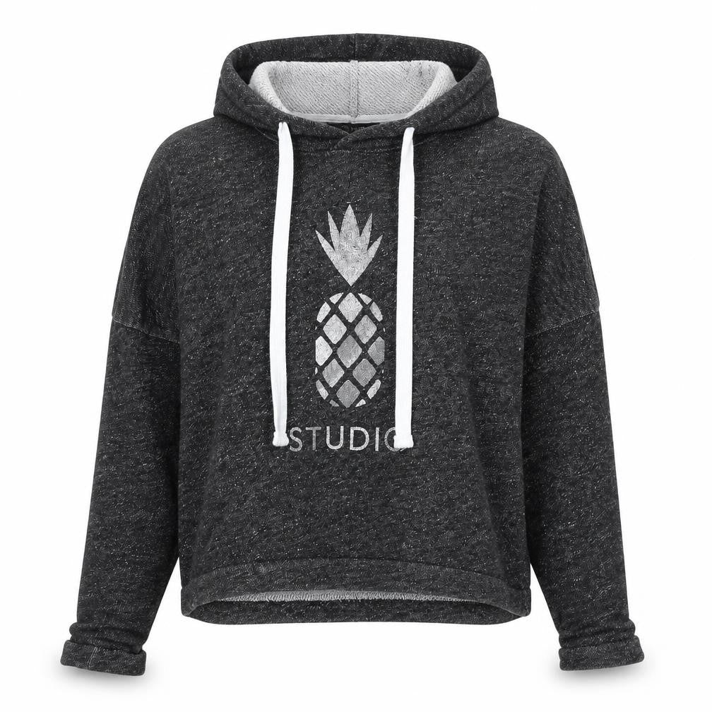 Front view of Oasis women’s grey 100% cotton pullover sweatshirt, size S, pullover - pineapple