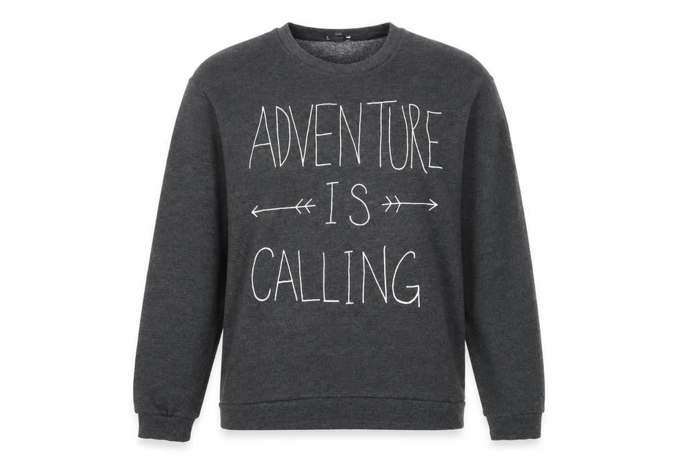 Front view of RAD women’s grey polyester pullover sweatshirt, size L, pullover - adventure is calling