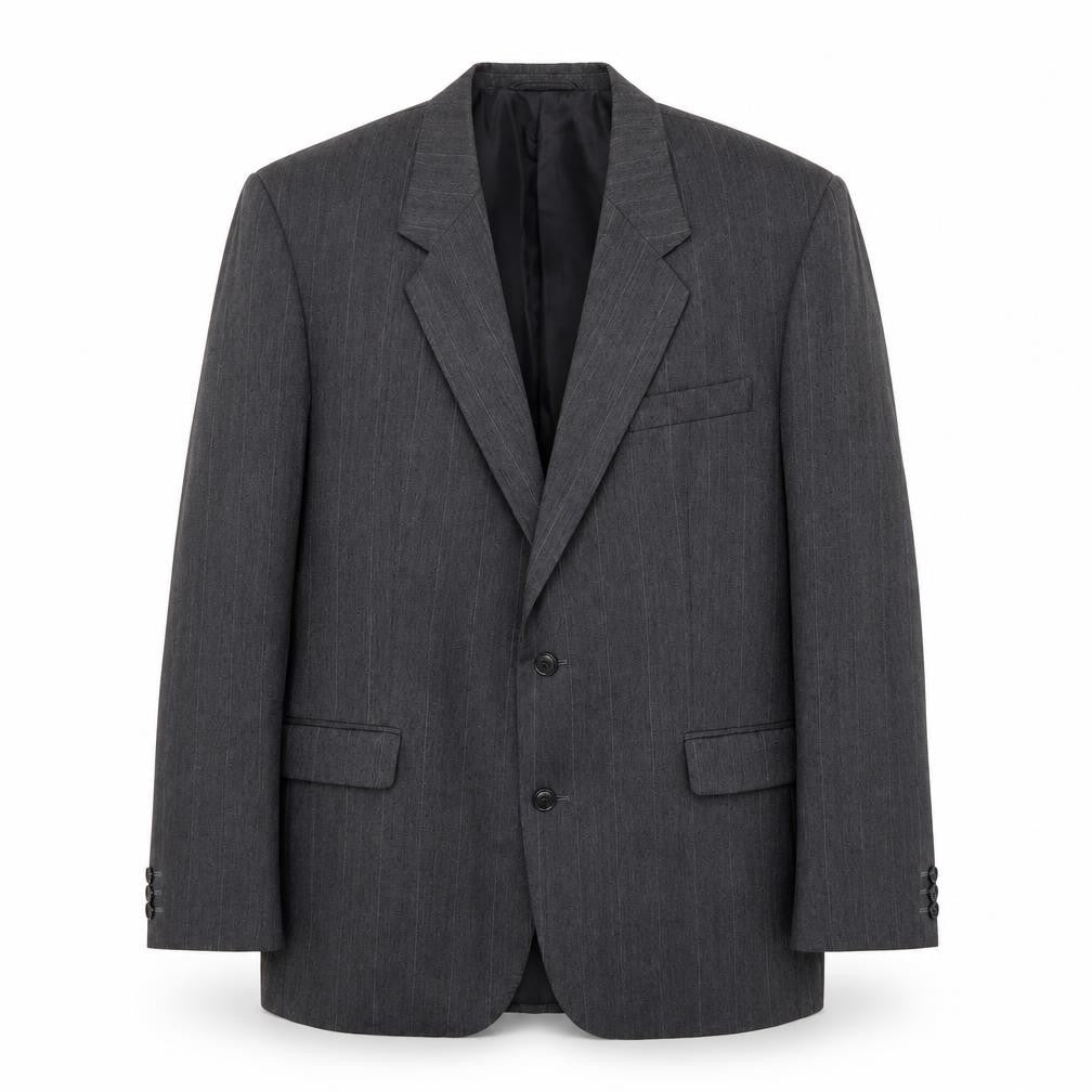 Front view of Sorvano men’s grey striped polyester jacket suit jacket, size 40, regular