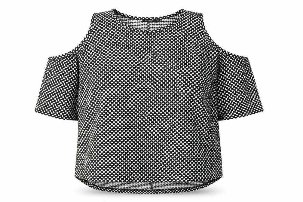 Front view of Boohoo women’s black polka dot polyester basic blouse, size UK 16, round neck - cold shoulder