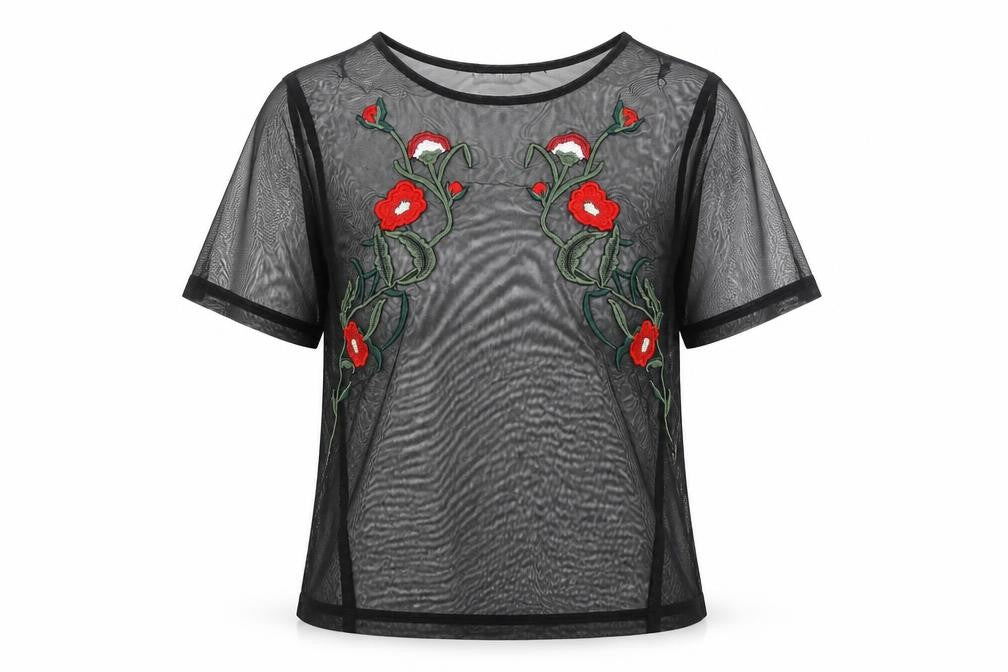 Front view of Quiz women’s black floral polyester basic blouse, size UK 10, round neck