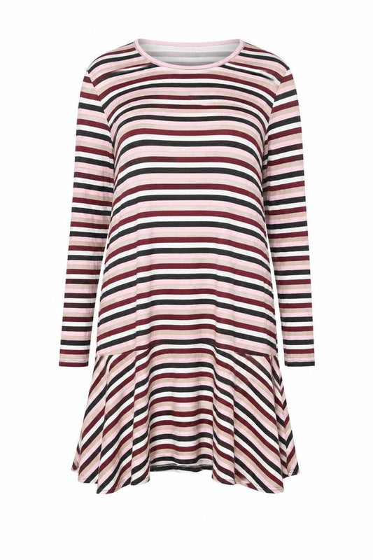 Front view of Boohoo women’s multicoloured striped polyester trapeze & swing, size UK 8, round neck pullover