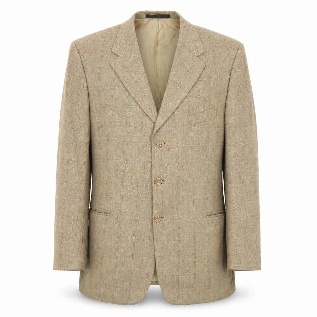 Front view of Marks & Spencer men’s beige plaid wool jacket blazer, size 46, regular