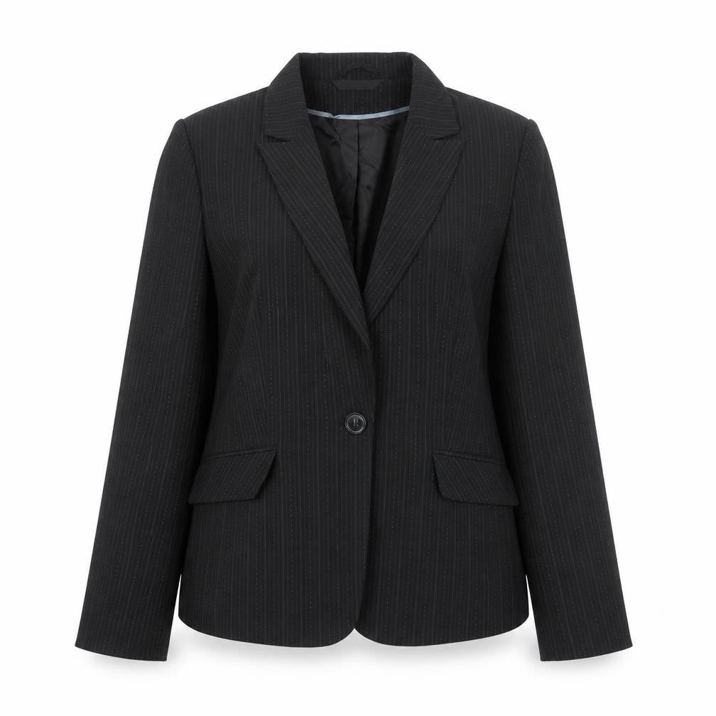 Front view of BHS women’s black striped polyester jacket suit jacket, size UK 16